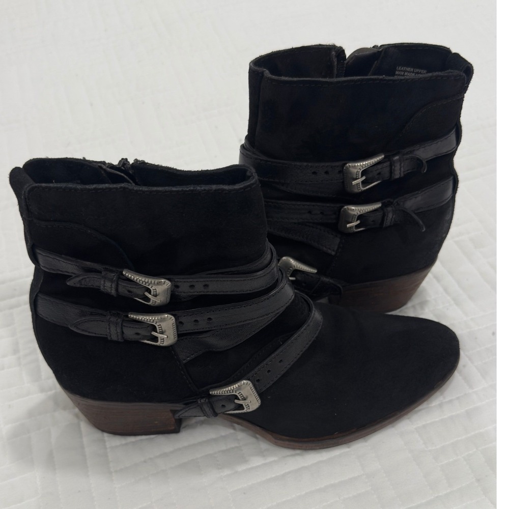 Miz Mooz Black Suede Leather Buckle‎ Strap Ankle Boots Size 41 Western Booties